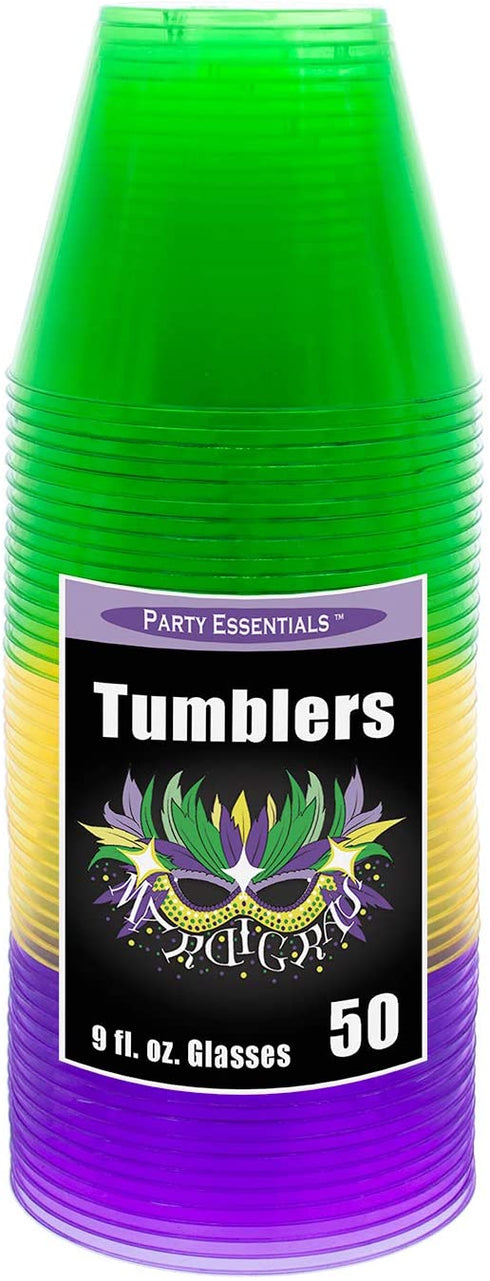 Party Essentials Hard Plastic 50 Count Party Cups/Tumblers, 9-Ounce, Mardi Gras Mix