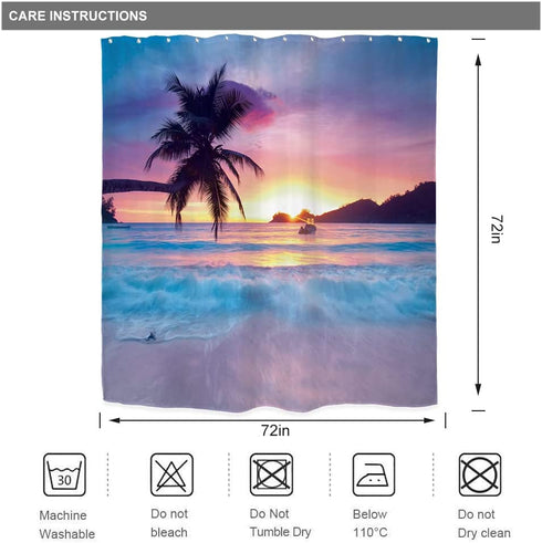 Riyidecor Beach Shower Curtain Ocean Sunrise Tropical Palm Tree Hawaiian Sunset Costal Scenery Sea Waves Summer Bathroom Home Decor Set Waterproof Polyester 72WX72H Inch 12 Pack Plastic Hooks WW-IHTB