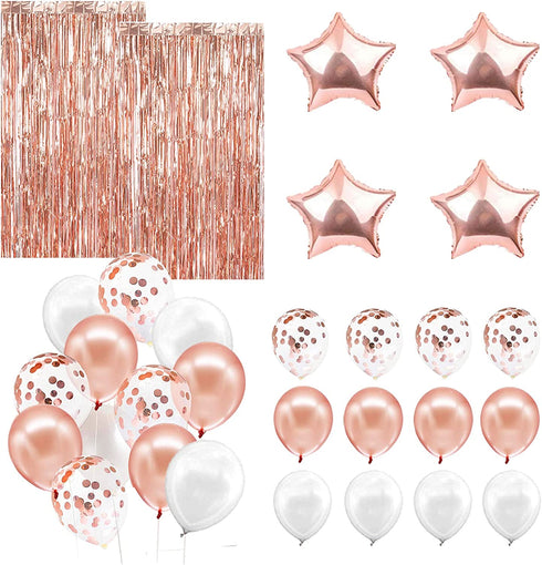 Rose Gold Party Decorations, Rose Gold Foil Fringe Curtain Backdrop, Rose Gold and White Balloons Set for Birthday, Graduation Party Decorations, New Years Eve Party Supplies 2022 Decorations