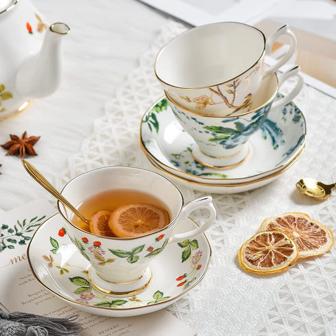 ROMANCE DAYS 3 Piece Porcelain Tea Cup and Saucer Set with Spoon Vintage Coffee Cup Set Flower Tea cup with gold Trim?6oz(brown)
