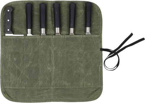 Chef Knife Roll Bag with 6 Slots,Waxed Canvas Knife Carrying Case,Chef Knife Bag,Knife Pouch Can Hold Home Kitchen Knife Tools up to 17 inch,Knife Storage for Travel Camping,BBQ,Culinary School.