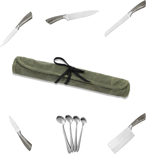 Chef Knife Roll Bag with 6 Slots,Waxed Canvas Knife Carrying Case,Chef Knife Bag,Knife Pouch Can Hold Home Kitchen Knife Tools up to 17 inch,Knife Storage for Travel Camping,BBQ,Culinary School.
