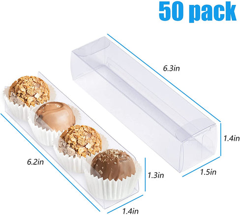 PAKIPER Chocolate Macaron Gift Boxes with Inserts,50 PCS Clear PET Plastic Gift Favor Boxes Candy Cookies Treat Boxes for Christmas,Wedding,Baby Birthday Party 6.3"x1.5"x1.4"