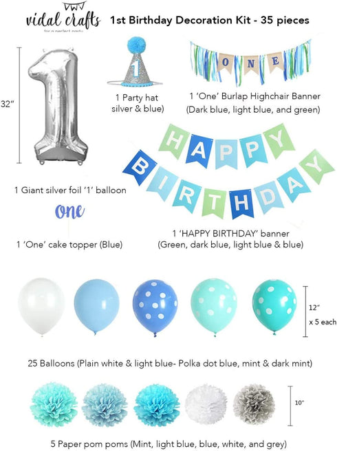 VIDAL CRAFTS 1st Birthday Boy Decorations, Happy Bday Bunting, High Chair Burlap Banner, Tissue Pom Poms, Balloons, Cake Topper, Party Hat, First Birthday Supplies- First Birthday Decorations for boys
