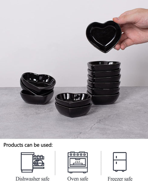 Delling Soy Sauce Dish -Black Sauce Cups - Heart Dipping Bowls/Small Bowls for Ketchup, Soy or Seasoning and Christmas Thanksgiving Valentines Day Gifts-12 Packs, 1.3 Oz