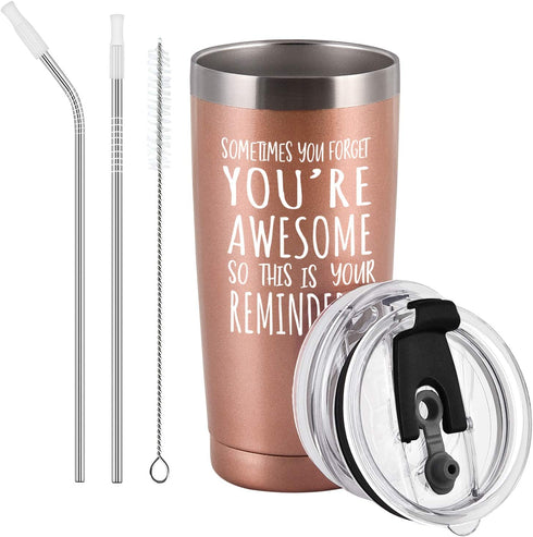 Thank You Gifts for Women, You're Awesome Travel Tumbler, Graduation Appreciation Birthday Gift for Her Teacher Friend Mom Wife, Insulated Stainless Steel Travel Tumbler with 2 Lids(20 oz, Rose Gold)