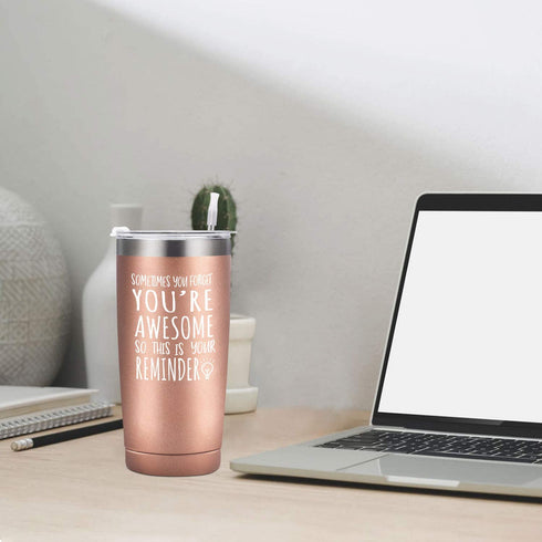 Thank You Gifts for Women, You're Awesome Travel Tumbler, Graduation Appreciation Birthday Gift for Her Teacher Friend Mom Wife, Insulated Stainless Steel Travel Tumbler with 2 Lids(20 oz, Rose Gold)