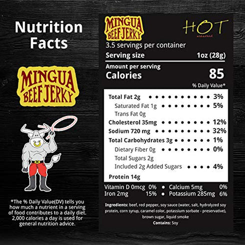 Mingua Hot Beef Jerky with Red Peppers - Nitrite-Free Spicy Beef Jerky - 100% US Beef (7 Ounces)