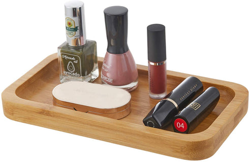 YININE Bamboo Vanity Tray, Bathroom Tray Organizer Glass Qtip Holder Dispenser Apothecary Jars for Cotton Swabs Balls Round Pad Perfume Candles Cosmetics Jewelry Makeup