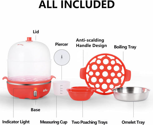 Bear Rapid Electric Egg Cooker,14 Capacity Double Tier Egg Boiler,Auto Shut-Off Egg Poacher for Hard Boiled Poached Scrambled Omelets Steamed Vegetables Dumplings,Red