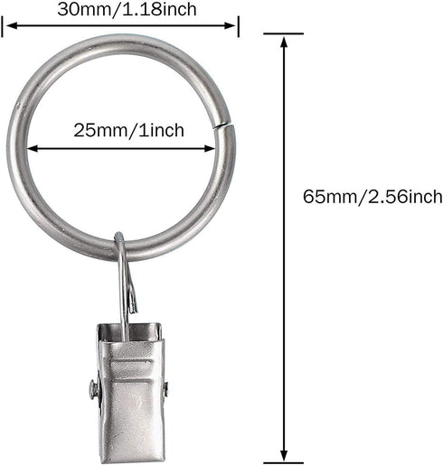 AmtBety 108 Pack Curtain Rings with Clips Decorative 1 inch Drapery Rings with Hooks Strong Clip Rings for Curtain Panel,Hair Bow Hanger,Tapestry,Scrunchies and Other Decorations - Silver