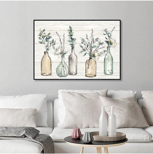 Flower Wall Art Painting Line Wood Texture Botanical Wall Art Canvas Picture Contemporary Botanic in Jar Canvas Artwork for Living Room Bedroom Kitchen Dinning Room Office Home Decor No Frame 24x16in
