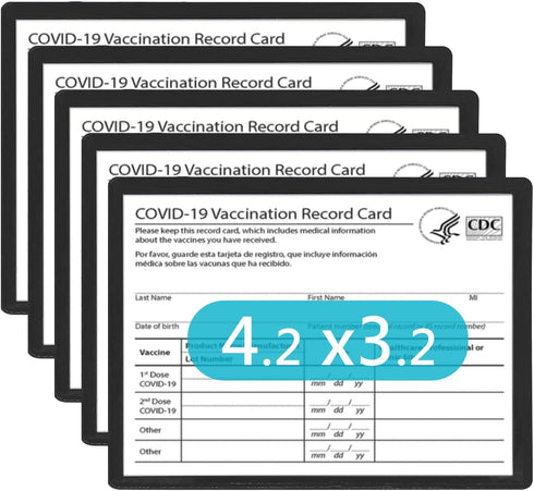 5 Pack CDC Vaccination Card Holder Immunization Record Vaccine Card Protector 3x4 Sleeve Covid Shot Card Protector Cover Clear Vinyl Plastic Sleeve (Black)