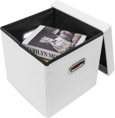 YQYS Faux Leather Cube Ottoman with Hole Handles,Folding Storage Ottomans with Removable Lid Cover, Modern Footrest Stool, Padded Seat for Living Room, Bedroom and Kids Room 11.8"x11.8"x11.8" - White