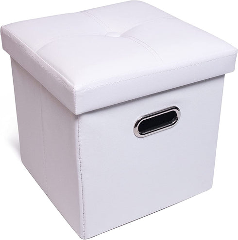 YQYS Faux Leather Cube Ottoman with Hole Handles,Folding Storage Ottomans with Removable Lid Cover, Modern Footrest Stool, Padded Seat for Living Room, Bedroom and Kids Room 11.8"x11.8"x11.8" - White