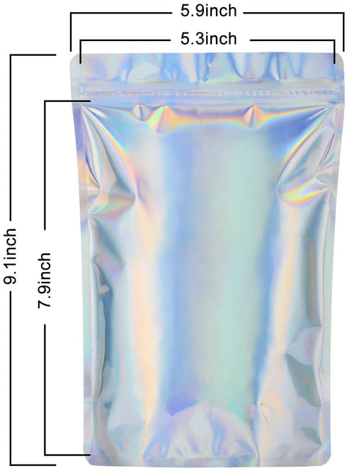 100 PCS Holographic Mylar Bags Stand Up Resealable Mylar Bags 6x9 inch by NPLUX