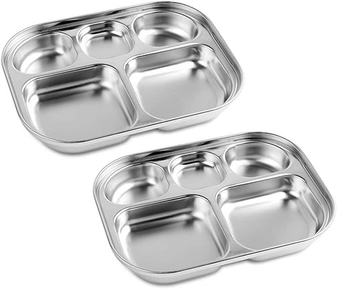 Stainless Steel Divided Plates Tray, 5 Section, Kids Toddlers Babies Small Size, Compact Serving Platter, Dinner Snack, Camping Dishes (2 Pack)