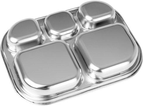 Stainless Steel Divided Plates Tray, 5 Section, Kids Toddlers Babies Small Size, Compact Serving Platter, Dinner Snack, Camping Dishes (2 Pack)