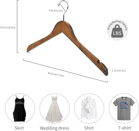 Nature Smile Solid Gugertree Wood Shirt and Dress Hangers with Notches with Anti-Rust Chrome Hook Pack of 10 (Retro)