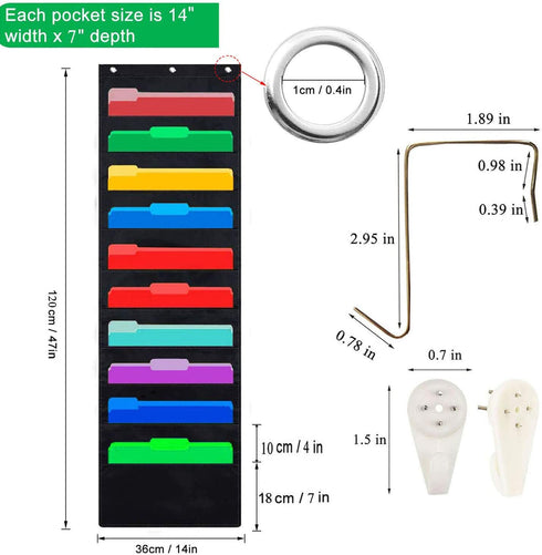 2 Pack Hanging File Holder Organizer Rack, 10 Pocket File Folder, Wall Mounted, Heavy Duty 6 Hooks, Storage Letter, Key Holder, Filing, Classroom Book, Living Room Hair Care, Decorative Cabinet Closet