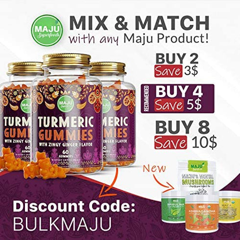 MAJU Turmeric Curcumin Gummies 60ct, Zingy Ginger Taste, Black Pepper Extract for Enhanced Absorption and Potency, Use for Joints, Inflammation & Pain Support, Tumeric Gummies for Adults and Kids