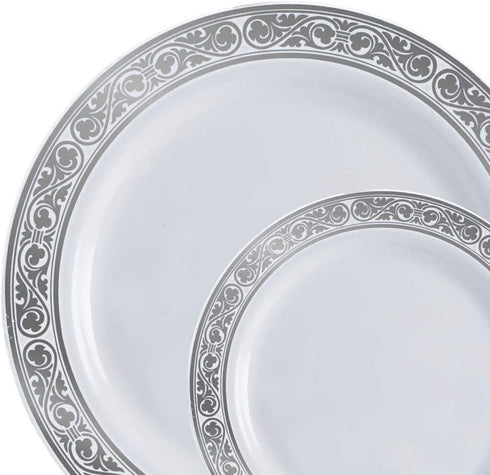 Wedding Venue Shop Plastic Dinner Plates - 10€³ | White/Silver | Pack of 10