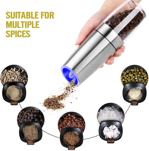 AVNICUD Electric Pepper Grinder, Automatic Pepper Mill, Electric Spice grinder, Battery-Operated with Adjustable Coarseness, LED Light, One Hand Operated (Silver 1Pack)