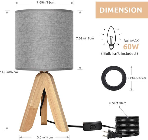 HAITRAL Small Bedside Table Lamp - Wooden Tripod Nightstand Lamp for Bedroom, Living Room, Office, Farmhouse, Home with Fabric Shade, Grey