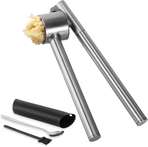 Mempedont Garlic Press Mincer - Update 304 Stainless Steel Garlic Crusher & Peeler Set, Larger & Longer Detachable, Heavy-duty, Rust Proof Garlic Mincer Design for Extracts More Garlic Paste Per Clove
