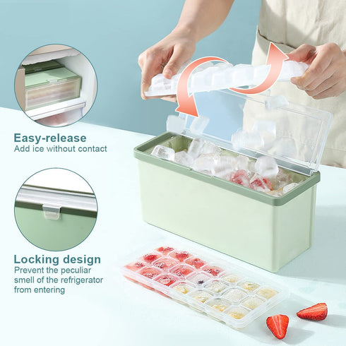 LOBKIN Ice Cube Trays with Lid and Bin, 3 Pack Plastic Ice Cube Tray Molds, Easy-Release 63 Mini Nugget Ice Cube Maker for Freezer, Ice Cube Bucket with Locking Lid and Scoop - BPA Free