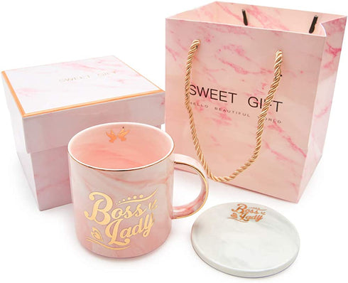 Boss Lady Pink Marble Ceramic Coffee Mug 11.5 Oz with Coasters Boss Lady Mug Birthday Gifts for Women Mom and Girl Female Entrepreneur Business Owner Coffee Mug for Women