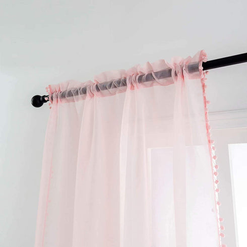 MISS SELECTEX Linen Look Pom Pom Tasseled Sheer Curtains - Rod Pocket Voile Semi-Sheer Curtains for Living and Bedroom, Set of 2 Curtain Panels (42 x 95 inch, Baby Pink)