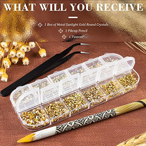 3600pcs Metal Sunlight/Gold Round Rhinestones 1.8-4mm Flatback for Manicure, 6 Multi Sizes Nail Art Shine Crystal Gem Diamond Bling Set with Tweezer and Pickup Pencil