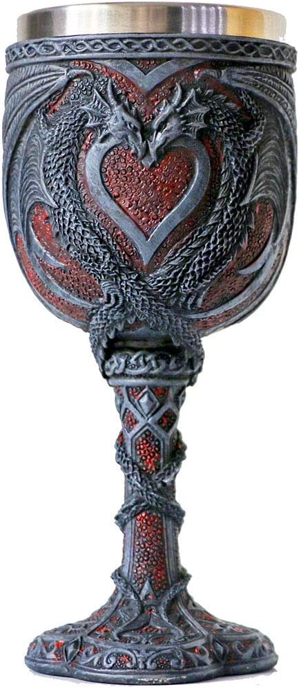 Medieval Double Dragon Wine Goblet - Valentines Dungeons and Dragons Wine Chalice -7oz Stainless Steel Drinking Cup - Romantic Novelty Gothic Gift Party Idea Goblets Present for Girl Girlfriend Wife