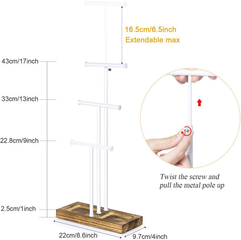 Love-KANKEI Jewelry Tree Stand White Metal and Wood Basic Large Storage Jewelry Organizer for Necklaces Bracelets Earrings Holder Jewelry Display White and Carbonized Black