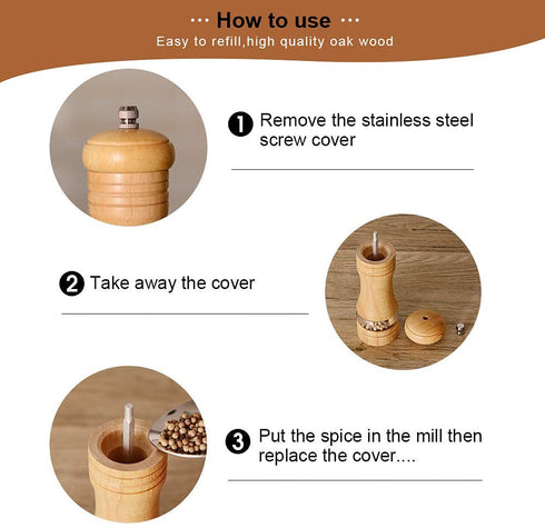 Haomacro Salt and Pepper Grinder Set, Wood Pepper Mills,Wooden Salt Grinders Refillable Manual Pepper Ginder with Acrylic Visible Window,Ceramic Grinding Core- 6.5 InchesPack of 2
