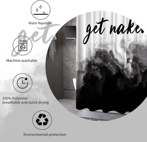 Black Ombre Shower Curtain Get Naked Shower Curtain White Grey Funny Cute Art Fonts Quotes Fabric Shower Curtain Set for Bathroom Decor Waterproof with Hooks, 72 x 72 Inches