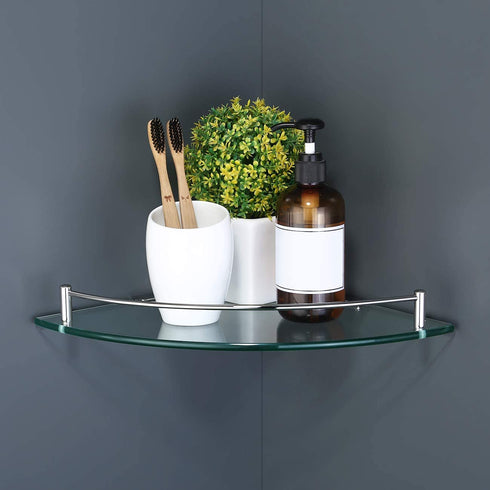 KES Glass Corner Shelf Bathroom Shower Shelf Tempered Glass with Rail SUS 304 Stainless Steel Floating Wall Mount Bracket Polished Finish, BGS2101A