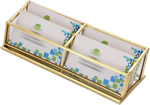 Hipiwe 4 Slots Glass Business Card Holder Stand - Vintage Gold Metal Name Card Display Stand Office Desktop Countertop Business Card Organizer