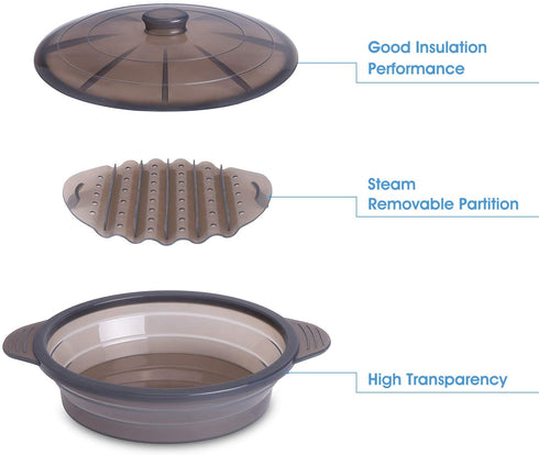 Microwave Steamer Collapsible Bowl-Silicone Steamer with Handle & Lid for Meal Prep with Detachable Partition, Easy to Store, BPA Free?Microwave Cookware, Freezer & Dishwasher Safe, Black