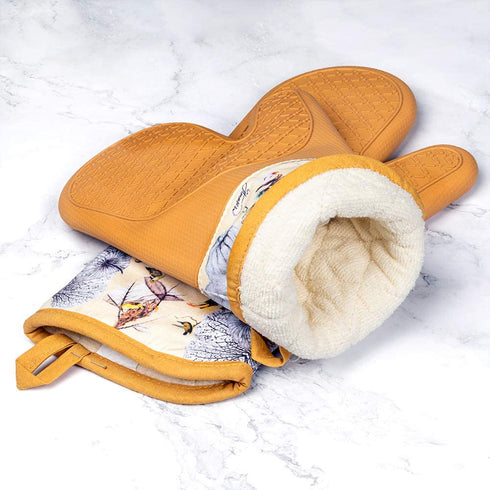 JTMUSES Kitchen Oven Mitts-Heat Resistant Silicone-480°F-Non-Slip Pot Holders-Thick Quilted Terry Cotton Interior-Flexible for Bakers-Design of Birds of Asia-The Wings Collection-Set of 2