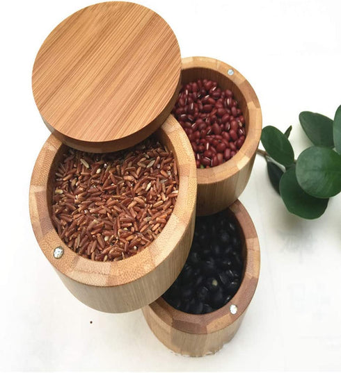 Dtacke Bamboo Salt Box Round Bamboo Jar Salt and Spices Storage Container Spice Container 3-Tier Bamboo Wood Container, Divided Spice Holder