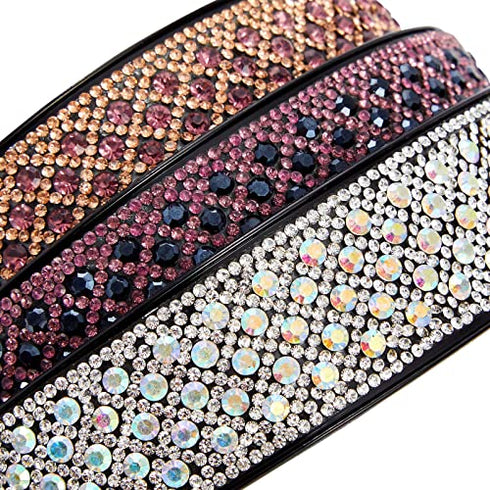 3 Pack Jeweled Rhinestone Headbands for Women and Girls, Hair Accessories (Silver, Rose Gold, Pink)