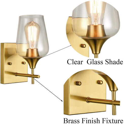 Brass 2 Pack Glass Sconces Clear Glass Wall Sconces Industrial Bathroom Vanity Lighting