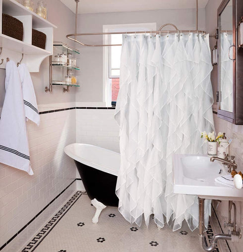 Reisen White Ruffle Shower Curtain Fabric / Cloth Farmhouse Bathroom Sheer Shower Curtain, 72in Long