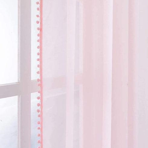 MISS SELECTEX Linen Look Pom Pom Tasseled Sheer Curtains - Rod Pocket Voile Semi-Sheer Curtains for Living and Bedroom, Set of 2 Curtain Panels (42 x 95 inch, Baby Pink)