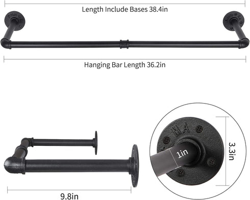 OROPY Industrial Pipe Clothes Rack 38.4", Heavy Duty Detachable Wall Mounted Black Iron Garment Bar, Multi-purpose Hanging Rod for Closet Storage, Black (Two Base)