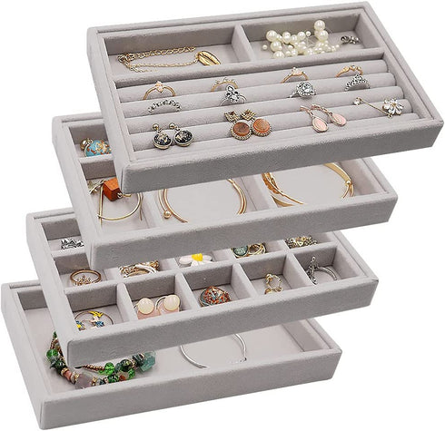 Stackable Jewelry Organizer Trays Drawer Inserts ,Velvet Earring Display Trays, Box Ring Holder Necklace Case, Storage for Bracelet Brooch Watch, Set of 4 (Gray)