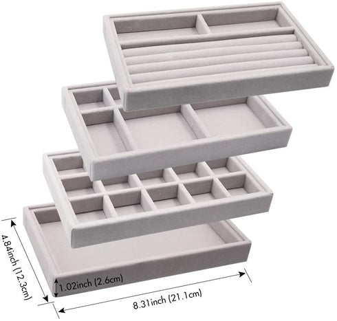 Stackable Jewelry Organizer Trays Drawer Inserts ,Velvet Earring Display Trays, Box Ring Holder Necklace Case, Storage for Bracelet Brooch Watch, Set of 4 (Gray)