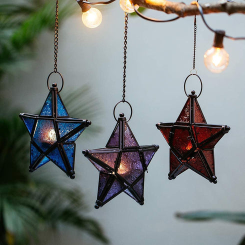 Star Lantern Hanging Glass Star Red Decoravtive Lantern Candle Holder for Home Patio Garden Decoration Red